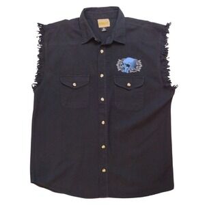 Coast Big Rig Truck Skull Graphic Black Button Up Vest‎ Men 2XL Frayed Sleeves